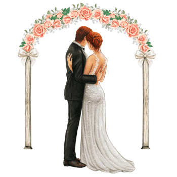Wedding couple embracing under wedding arch png