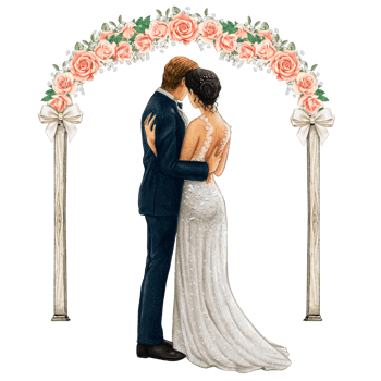 Wedding couple embracing under wedding arch png
