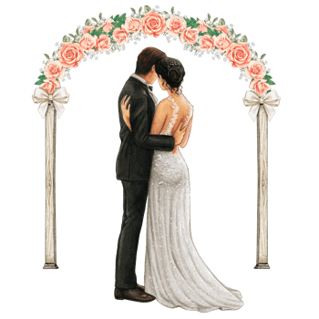 Wedding couple embracing under wedding arch png