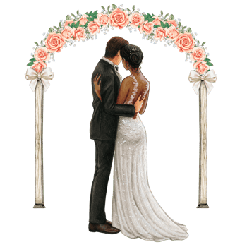 Wedding couple embracing under wedding arch png