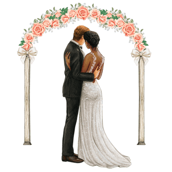 Wedding couple embracing under wedding arch png
