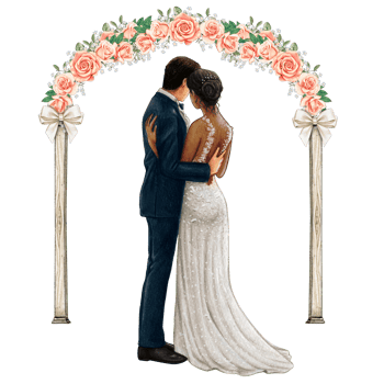 Wedding couple embracing under wedding arch png