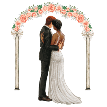 Wedding couple embracing under wedding arch png