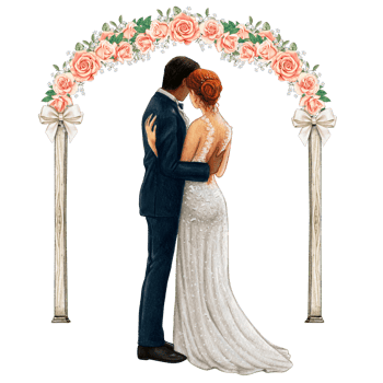 Wedding couple embracing under wedding arch png