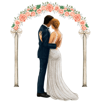 Wedding couple embracing under wedding arch png