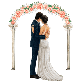 Wedding couple embracing under wedding arch png