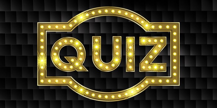 3d quiz gold title for contest show. Gold font for trivia typography design template on black tile background. Vector typeface in light glitter frame. Creative retro background for competition.