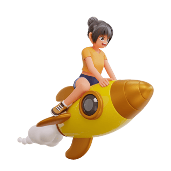 3d illustration cute girls is flying on a rocket png