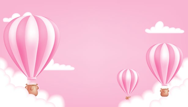 A hot air balloon on the pink background. Cute pastel children illustration perfect for a poster, invitation or card. Vector illustration template for birthday anniversaries, and baby showers.
