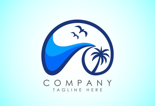 Beach logo design. Sun sunset sunrise with beach ocean sea water logo icon. vector