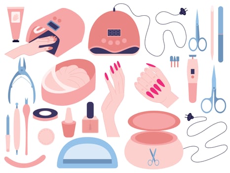 Vector flat style manicure tools set. Different kinds of manicure equipment flat vector set. Nail salon tools illustration