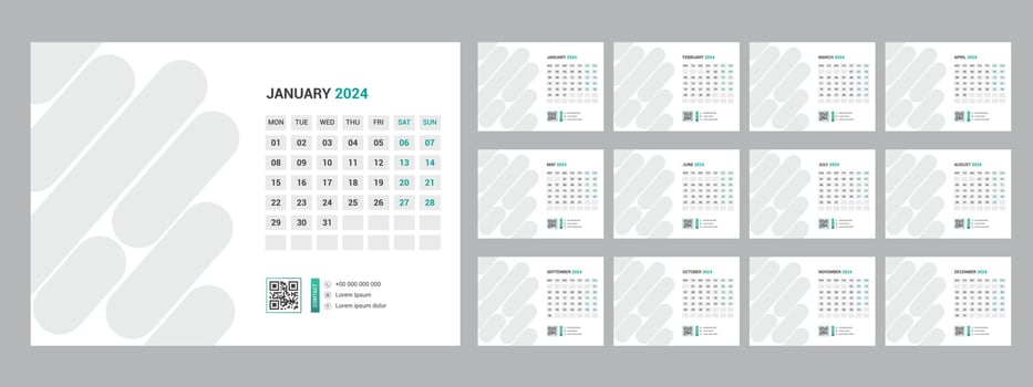 2024 calendar planner set for template corporate design week start on Sunday. vector