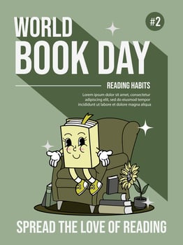 Happy World Book Day. Reading Habits. Sit on the couch. 70s cartoon style. vector