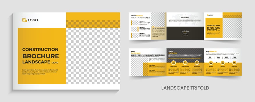Construction trifold landscape brochure, company profile brochure design. vector