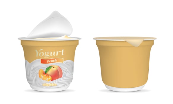 Realistic Detailed 3d Open Peach Yogurt Packaging Container and Empty Template Mockup Set. Vector