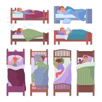 Cartoon Color Characters Kids Sleeping in Beds Set. Vector