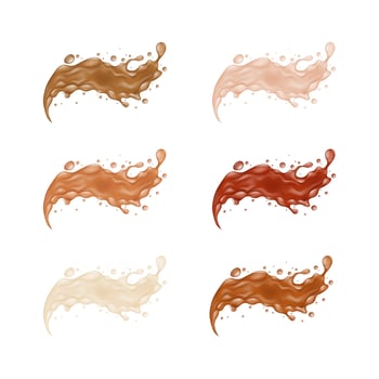 Realistic Detailed 3d Splashes of Coffee, Tea or Milk Set. Vector