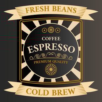Coffee labels with coffee beans, ribbon and in retro style with inscription Espresso in figured frame. vector