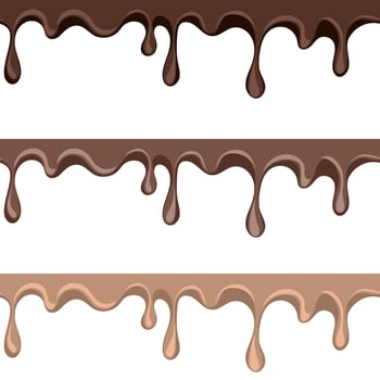 Set of melted dark, white and milk sweet chocolate dripping seamless vector