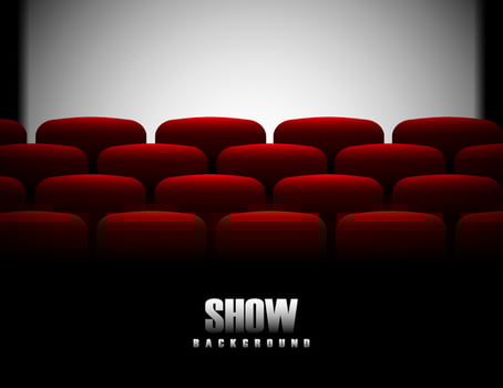 Cinema screen. Cinema with screen and seat. Theater hall with interior. Auditorium for movie, theatre. Empty stage for film. Red chair with scene for presentation. Background for advertising. Vector. vector