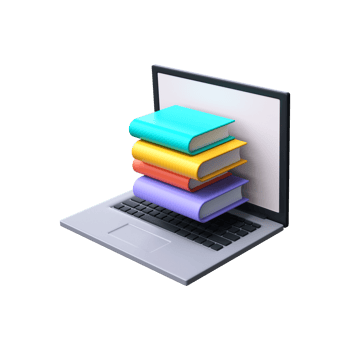 3d online library concept. A stack of books on a laptop screen.. png