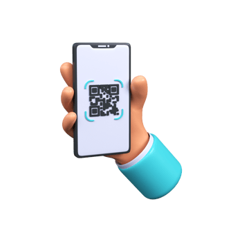 Hand holds a phone with a QR code. 3D rendering png