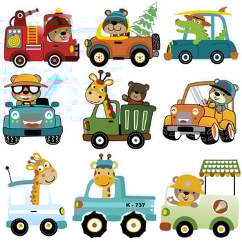 Vector set of vehicles cartoon with funny animals driver