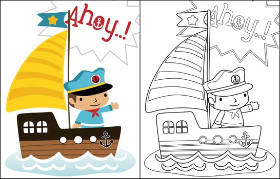 Cartoon vector of little sailor on sailboat, coloring book or page
