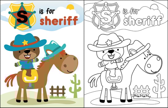 Cute bear cartoon in sheriff costume riding horse, coloring book or page vector