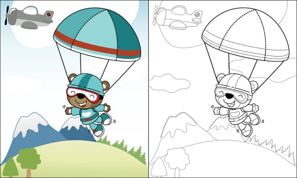 Coloring book of cute bear skydiving on mountains background vector