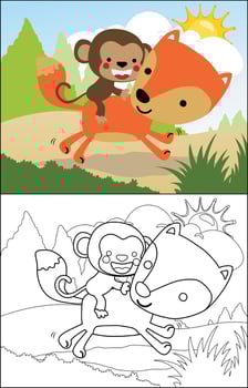 Coloring book of cartoon monkey riding fox back in forest vector