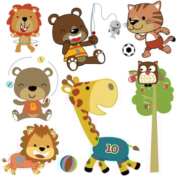 Vector set of cartoon animals in different activity