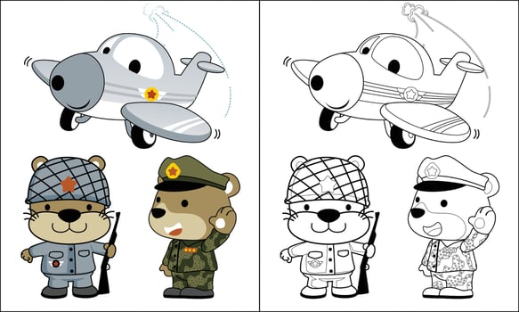 Coloring book or page of funny animals cartoon in soldier uniform with funny airplane vector