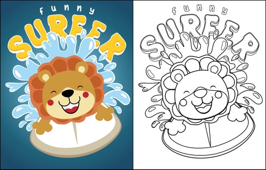 Vector cartoon of funny lion surfing on wave background, coloring book or page