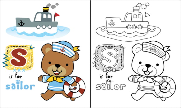coloring book of bear cartoon in sailor costume carrying lifebuoy with boat vector