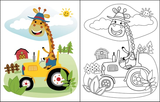 Coloring book of cartoon funny giraffe driving tractor on farming background vector