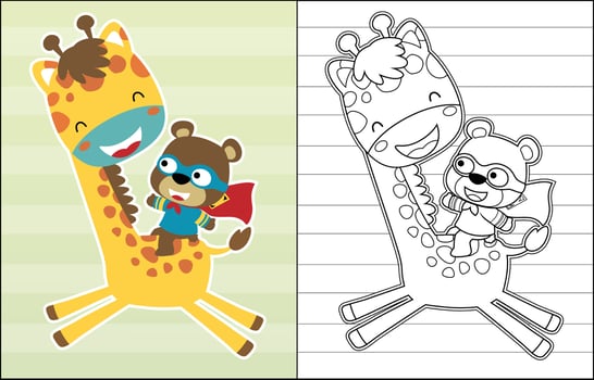 Vector illustration of little bear cartoon in superhero costume riding giraffe, coloring book or page