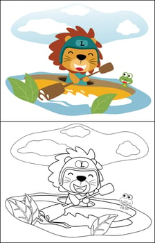 Vector cartoon of funny lion with frog on canoe in river, coloring book or page