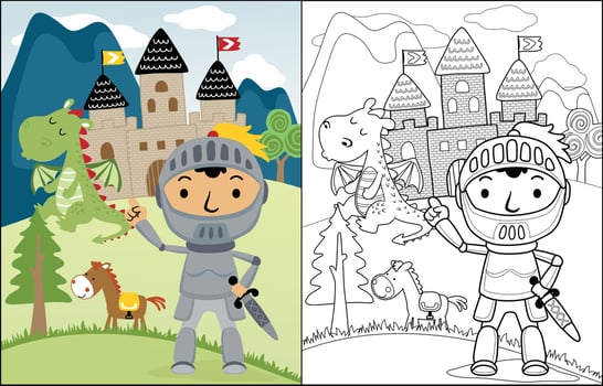 Vector cartoon of knight with dragon and horse on castle background, coloring book or page
