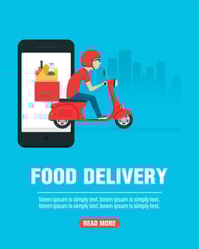 Food delivery on a motorcycle. Delivery concept design flat vector