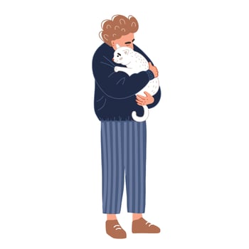 A happy man holds a white cat. The guy smiles at the funny kitten. isolated illustration vector