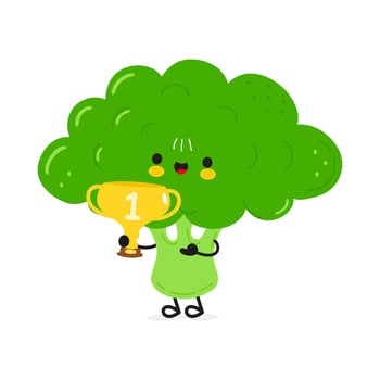 Cute funny broccoli hold gold trophy cup. Vector hand drawn cartoon kawaii character illustration icon. Isolated on white background. Broccoli with winner trophy cup