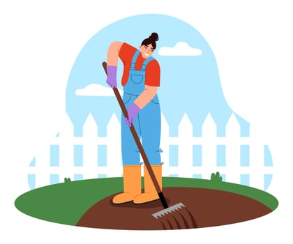 Female gardener working in the vegetable garden. Young woman raking. Garden maintenance concept. Flat vector illustration.