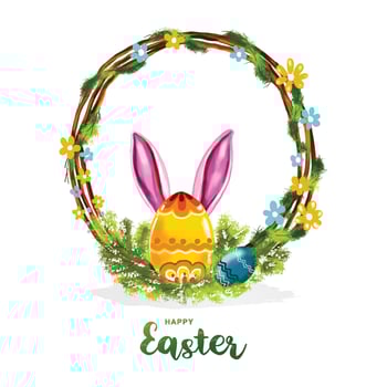 Happy easter colorful painted egg and rabbit ears holiday card background vector