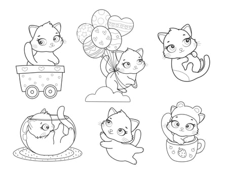Vector set of cute cartoon style cat in different poses. Animal character illustration for children. Hand drawn line drawings of funny kitten. Big collection of pets for kids, coloring, animation.