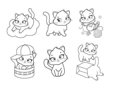 Vector set of cute cartoon style cat in different poses. Animal character illustration for children. Hand drawn line drawings of funny kitten. Big collection of pets for kids, coloring, animation.