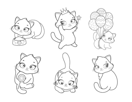 Vector set of cute cartoon style cat in different poses. Animal character illustration for children. Hand drawn line drawings of funny kitten. Big collection of pets for kids, coloring, animation.