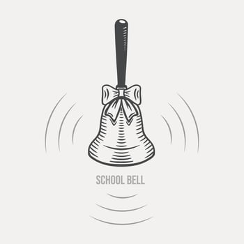 Hand-drawn sketch of a school bell with a bow on a light background. Vector