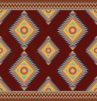 Ethnic folk geometric seamless pattern in red, orange and cyan tone in vector illustration design for fabric, mat, carpet, scarf, wrapping paper, tile and more