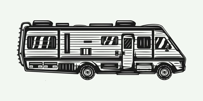Vintage retro woodcut camper RV trailer. Can be used like emblem, logo, badge, label. mark, poster or print. Monochrome Graphic Art. Vector Illustration.